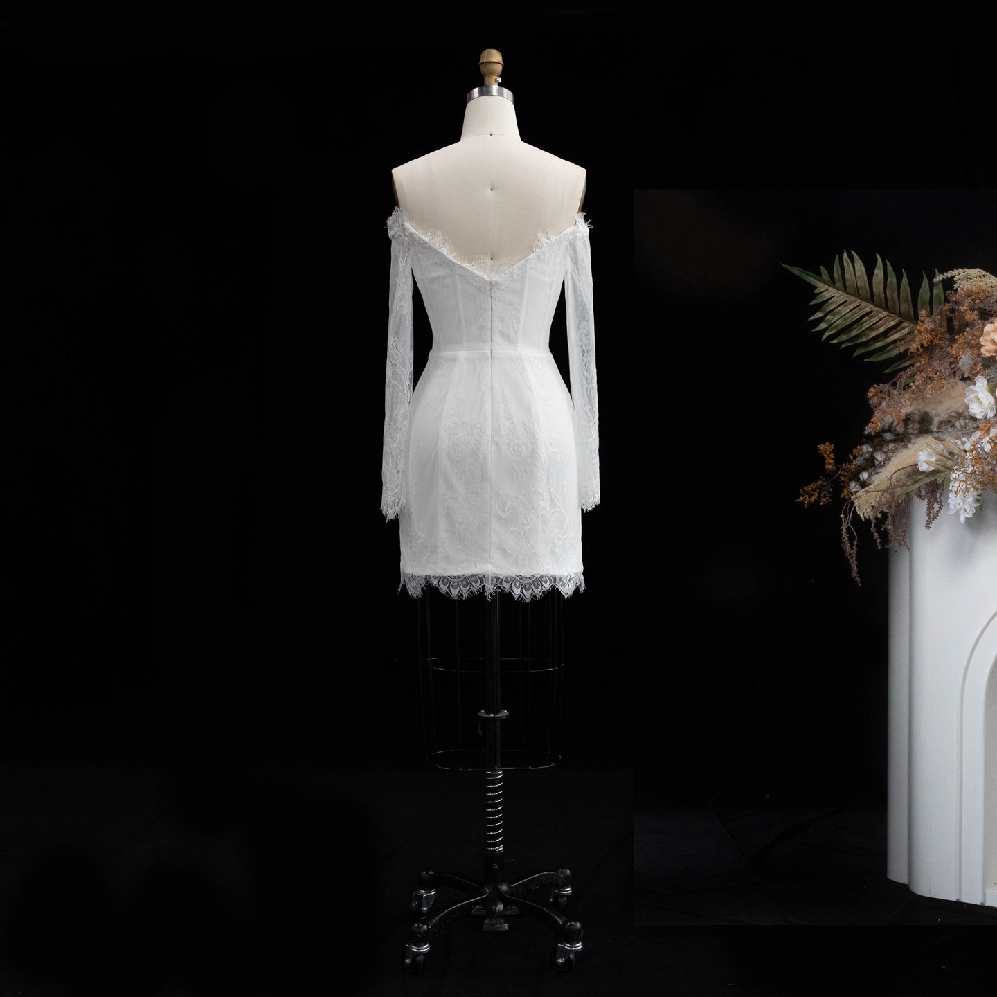 White Lace Long Sleeve Off-the-Shoulder Mini Wedding Dress SW170 Sheer Fairy