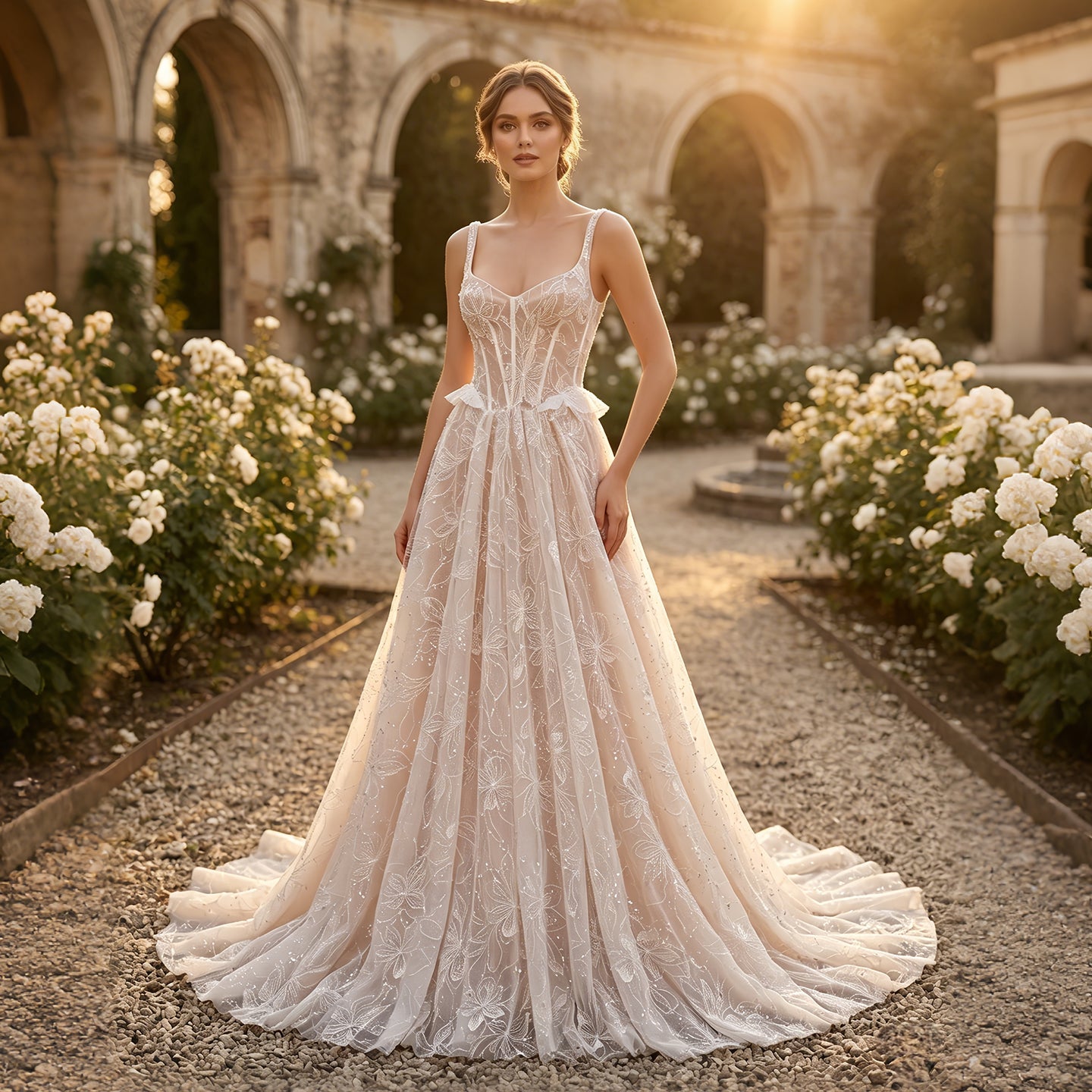 Elegant Beaded Lace Wedding Dress with Peplum Waist, Corset Back & Cathedral Train  SW706 Sheer Fairy