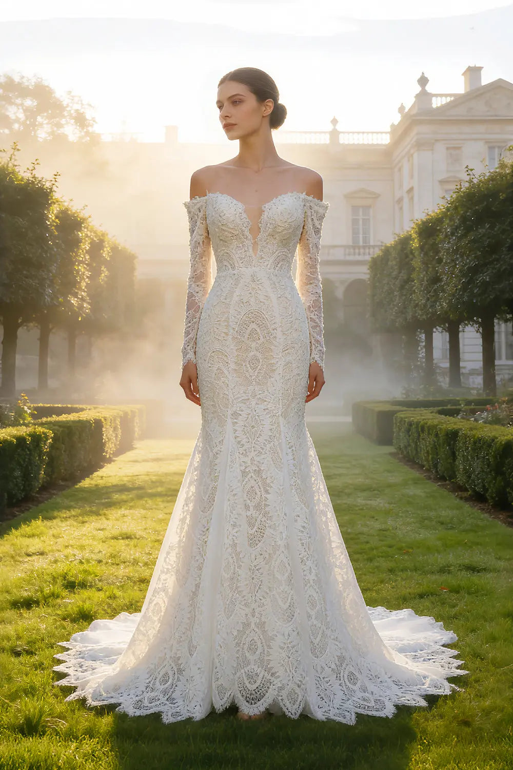 Flattering Long Sleeve Trumpet Mermaid Wedding Dress SW656 Sheer Fairy