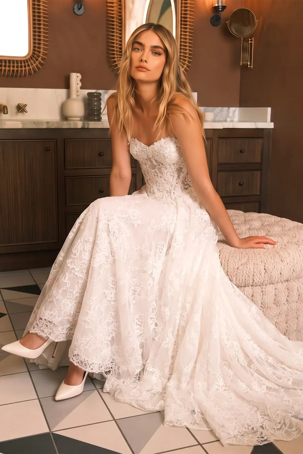 White Strapless Corded Lace Wedding Dress SW753 Sheer Fairy