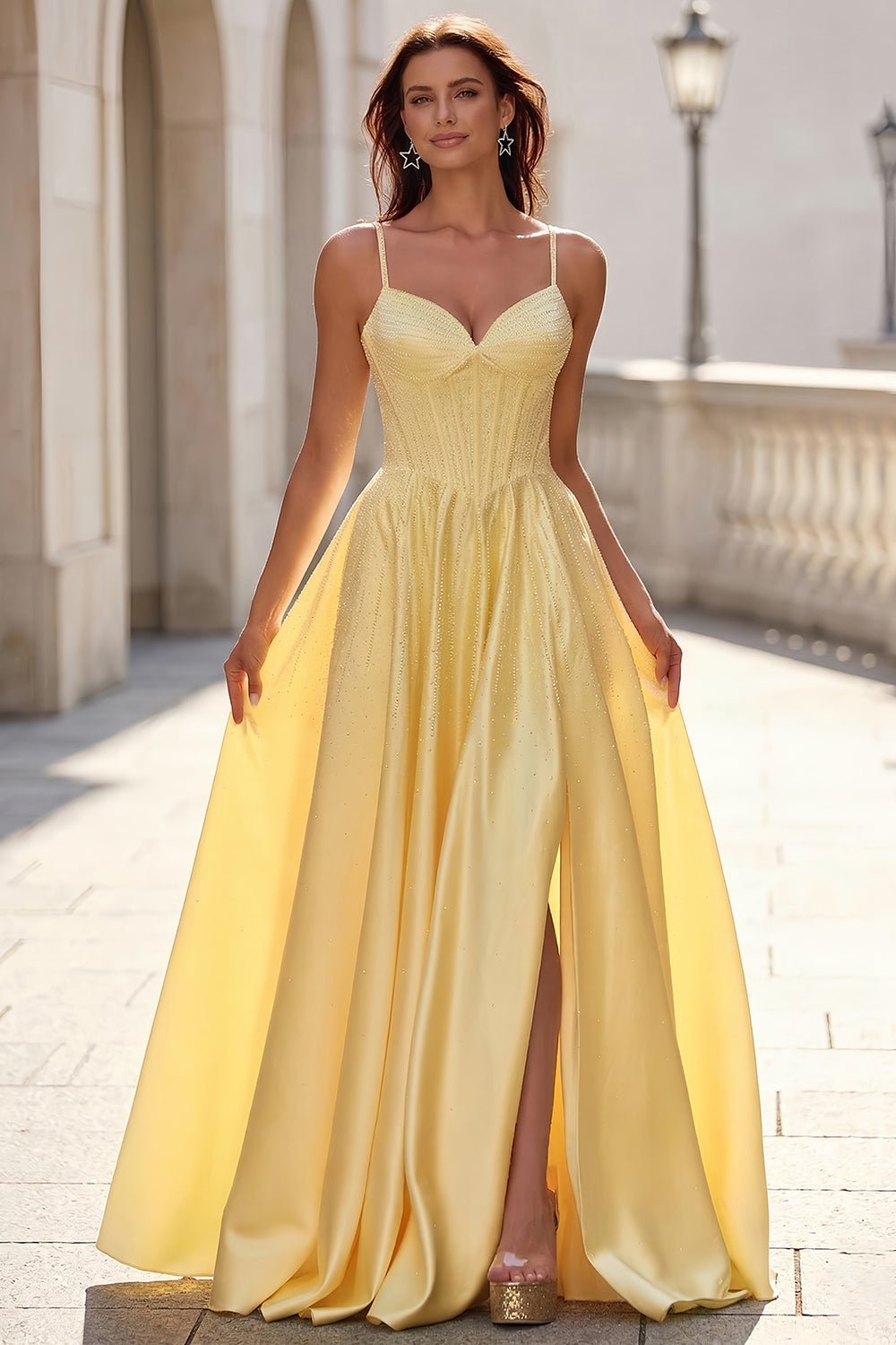 A Line Satin Long Yellow Prom Dress with Spaghetti Strap  SH726 Sheer Fairy