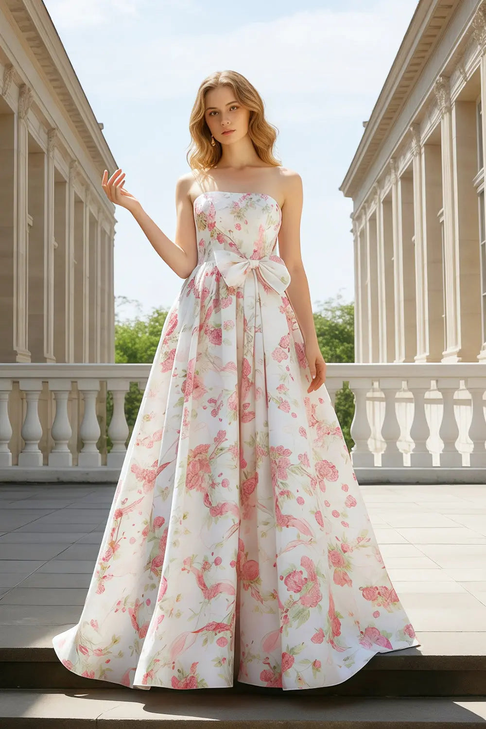 Strapless Sweetheart Pink Floral Jacquard Ball Gown Prom Dress SH415 Sheer Fairy