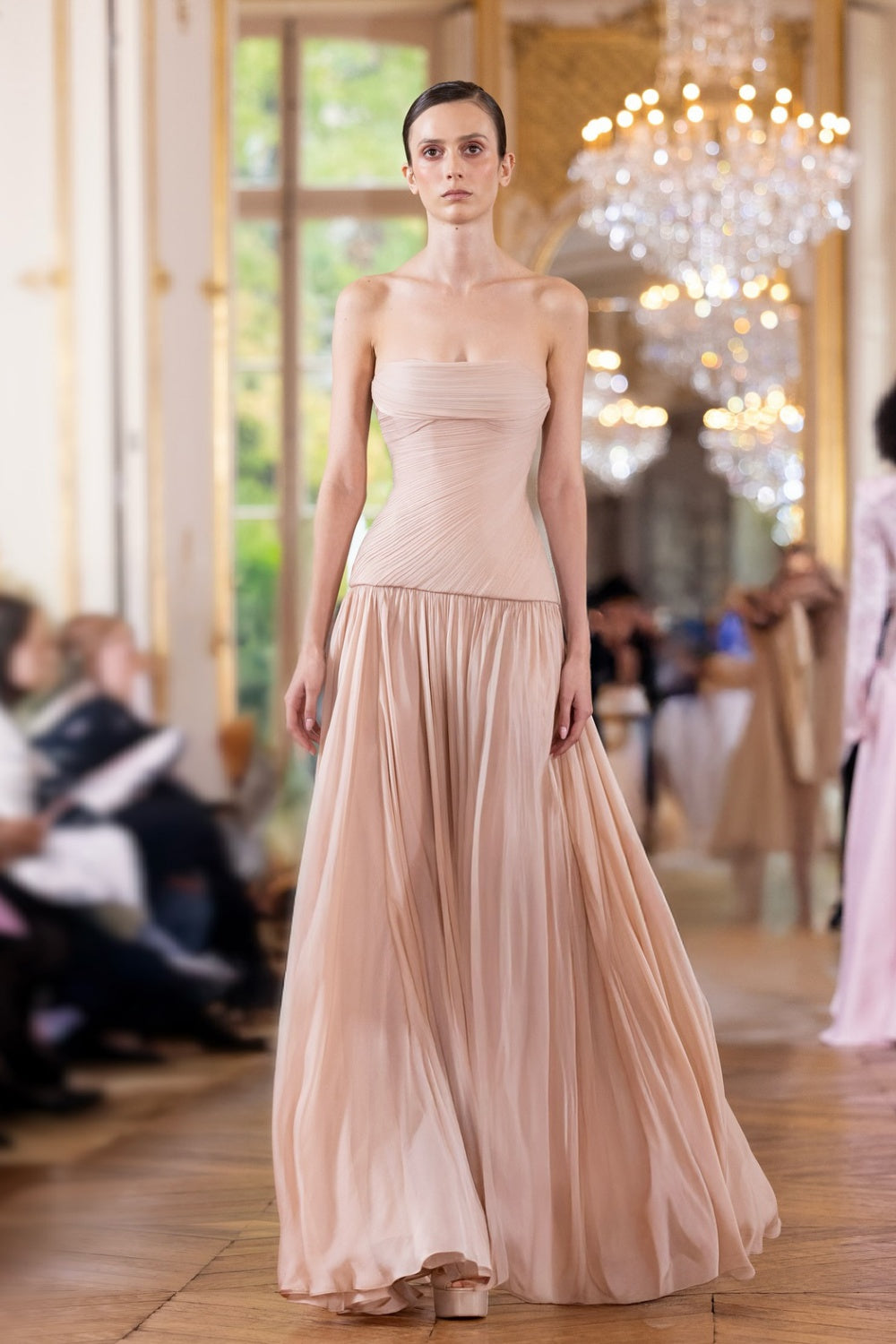 Blush Chiffon Strapless Ruched A-Line Pink Evening Dress SF024 Sheer Fairy