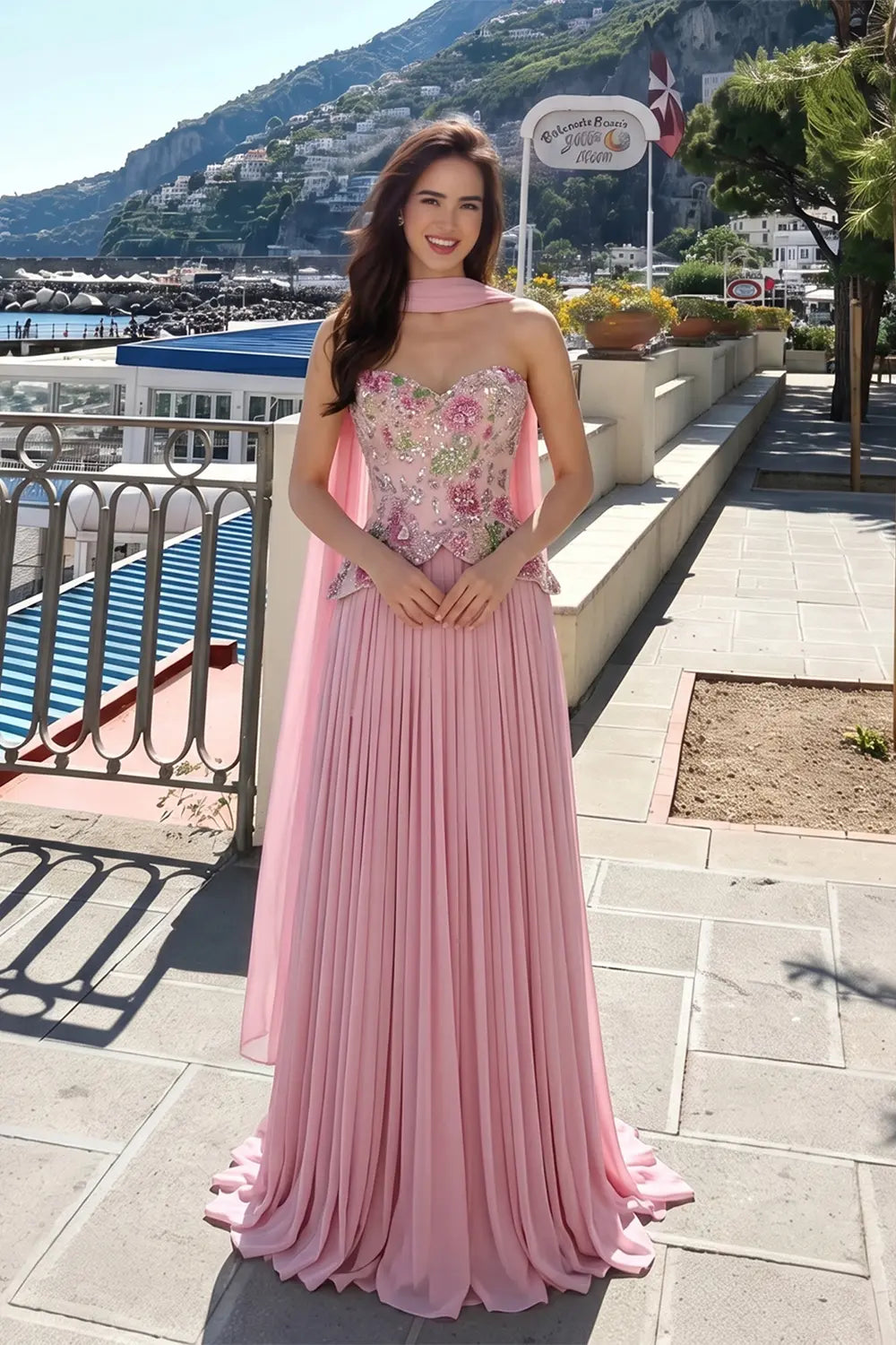 Pink Strapless Evening Dress with Floral Beaded Bodice & Chiffon Cape Scarf SS480 Sheer Fairy