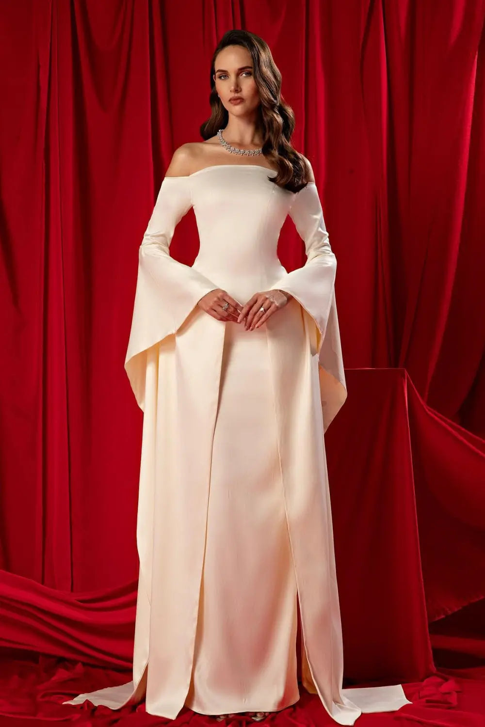 Elegant Beige Off shoulder Evening Dress SF050 Sheer Fairy