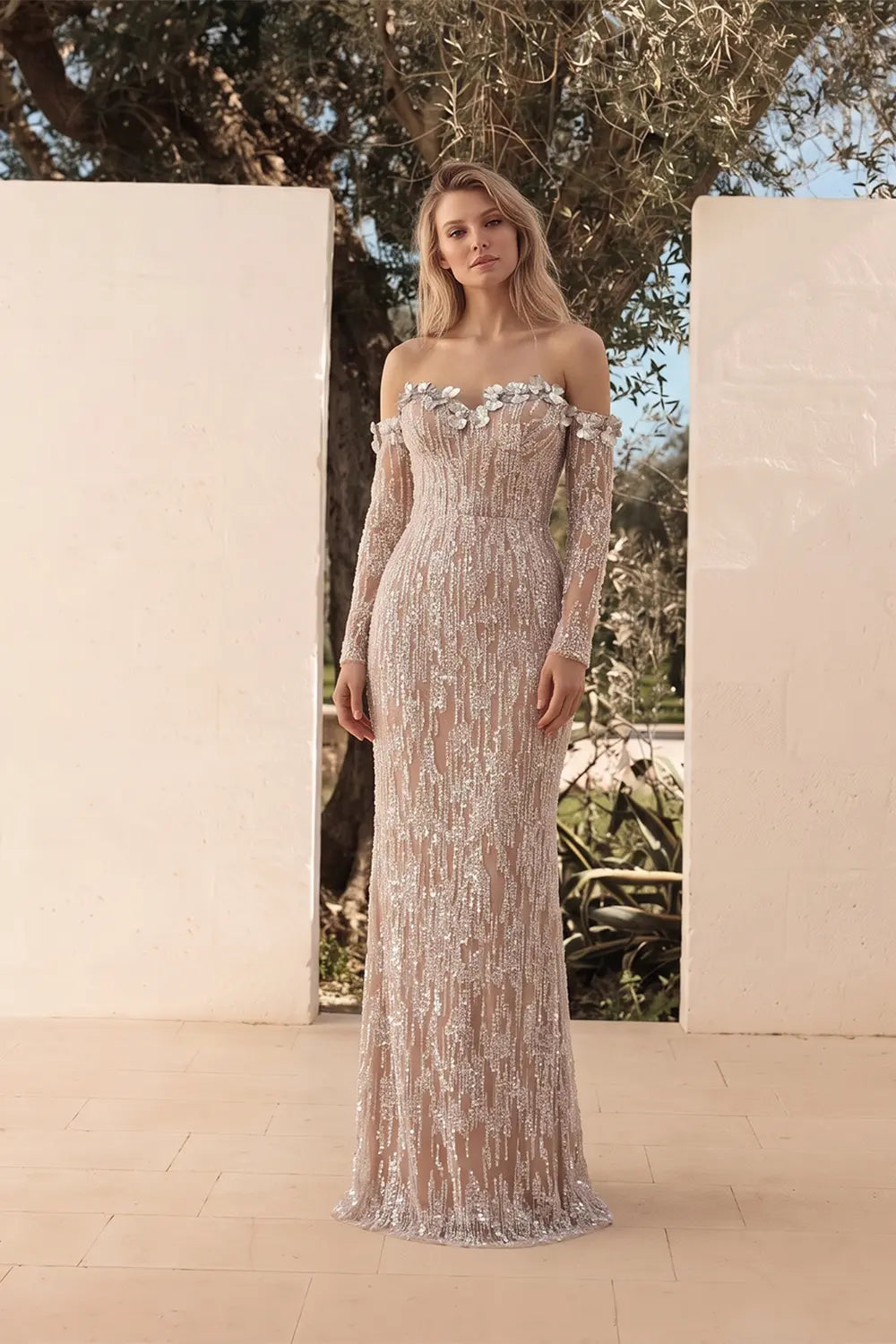 White Nude Linear Sequin Off Shoulder Formal Evening Gown ST035 Sheer Fairy