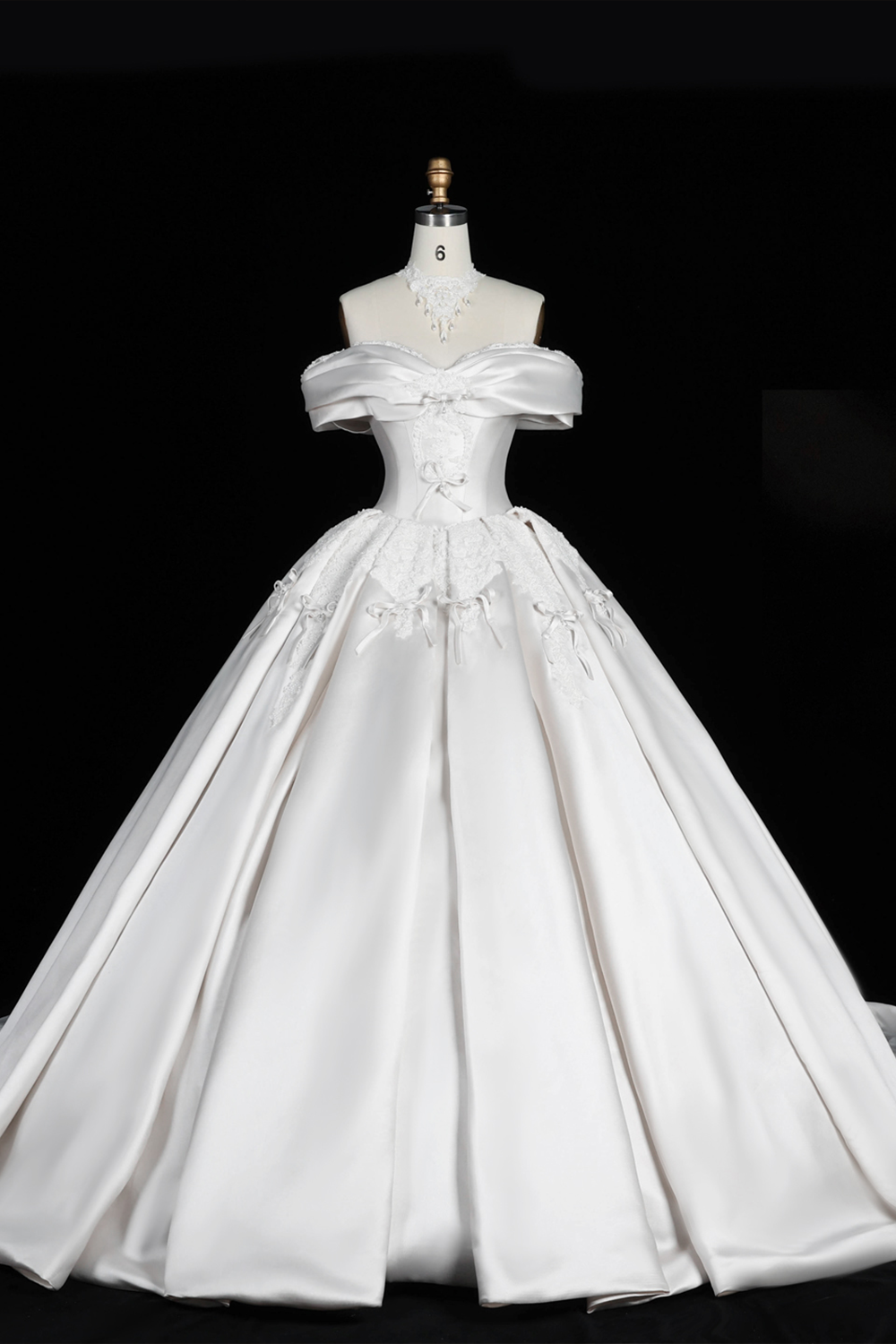 Elegant Ivory Satin Princess Ball Gown Wedding Dress Off the Shoulder with Bow Accent SW675 Sheer Fairy