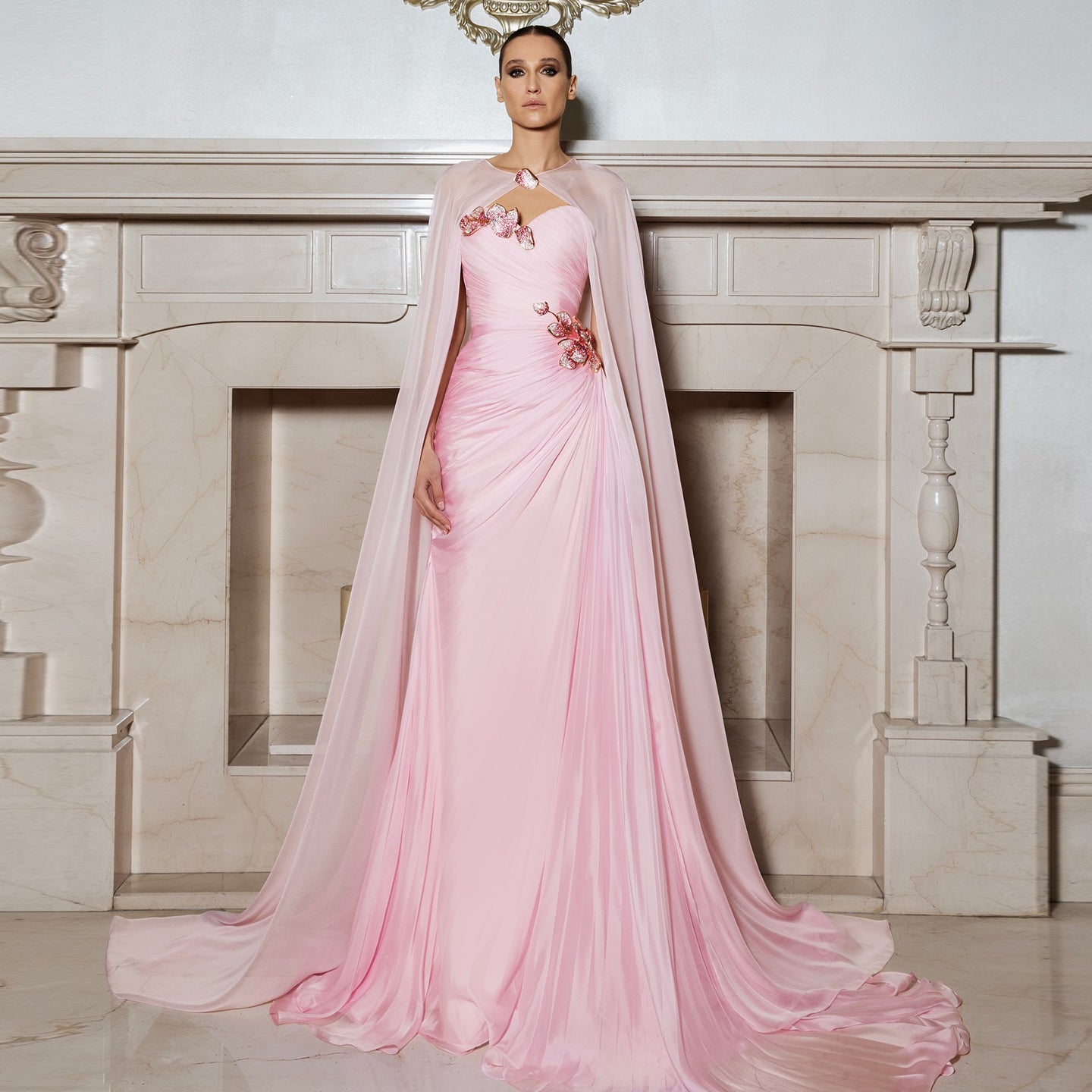 Light Pink 3D Floral Chiffon A-Line Evening Dress with Flowing Capelet SF223