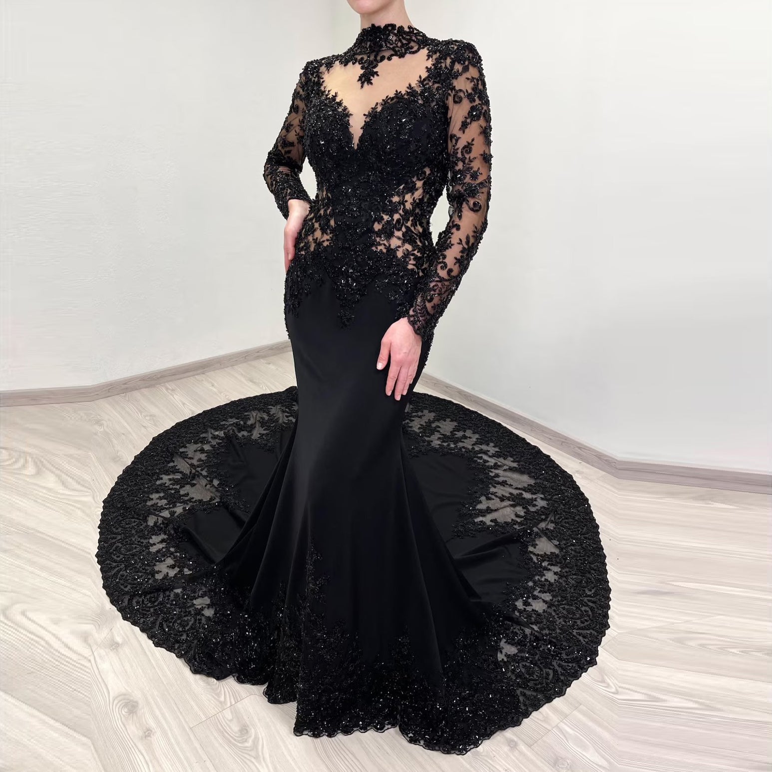 Black Gothic Beaded Lace Trumpet Wedding Dress with Long Sleeves SW555