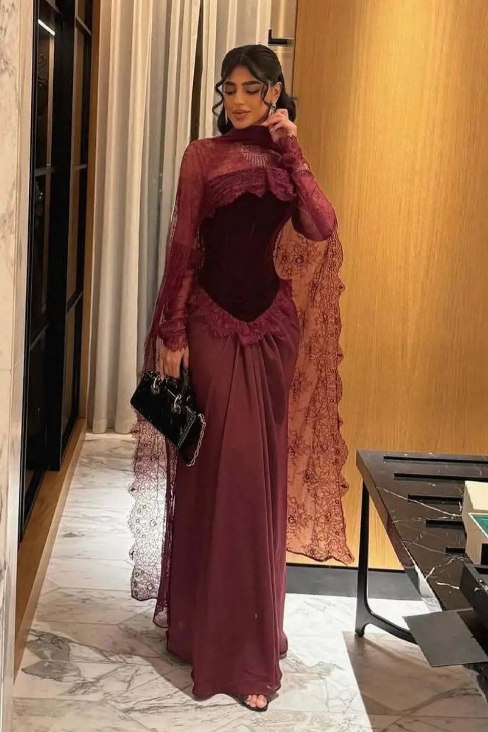 Burgundy Lace Sheath High Neck Long Sleeve Evening Dress SF462 Sheer Fairy