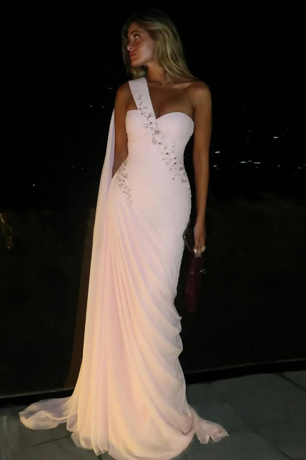 Beaded Chiffon Formal Pink One-Shoulder Sheath Evening Dress SF249 Sheer Fairy