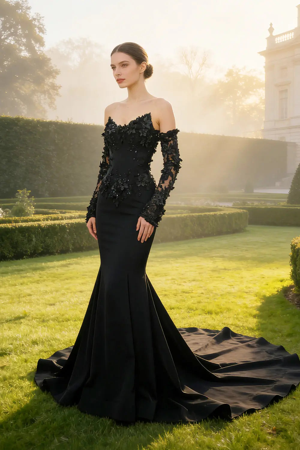 Black Gothic Off-Shoulder Mermaid Wedding Dress with Long Sleeves SW553 Sheer Fairy