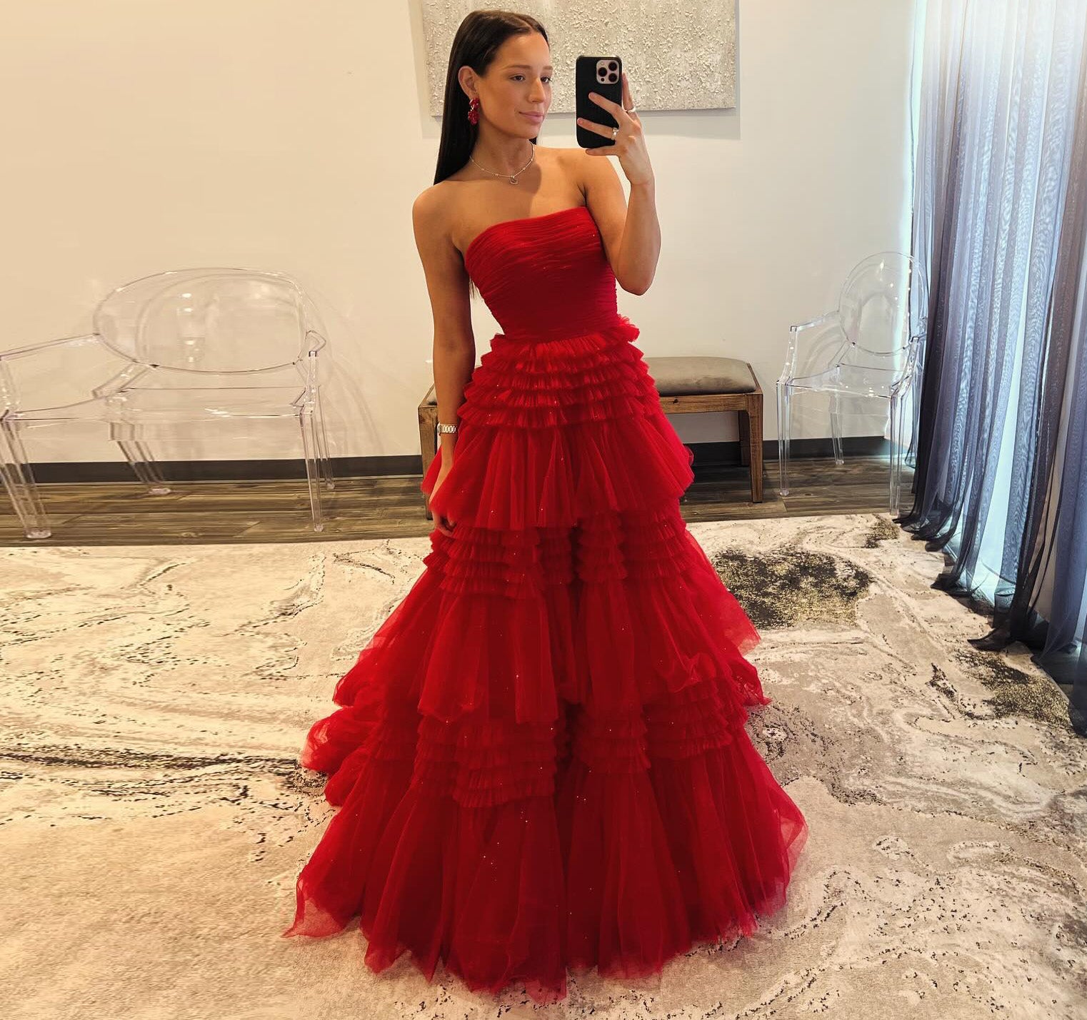 Red Strapless Ruffled Tulle A-Line Off Shoulder Evening Dress SH158