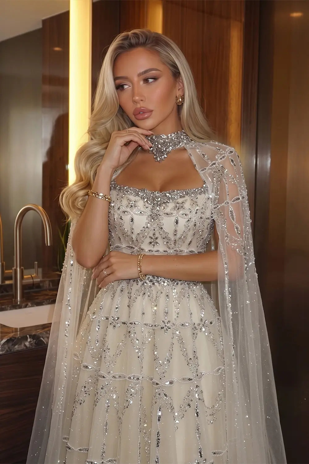 Luxury Cream Beaded A-Line Evening Gown with Sheer Cape SS486 Sheer Fairy