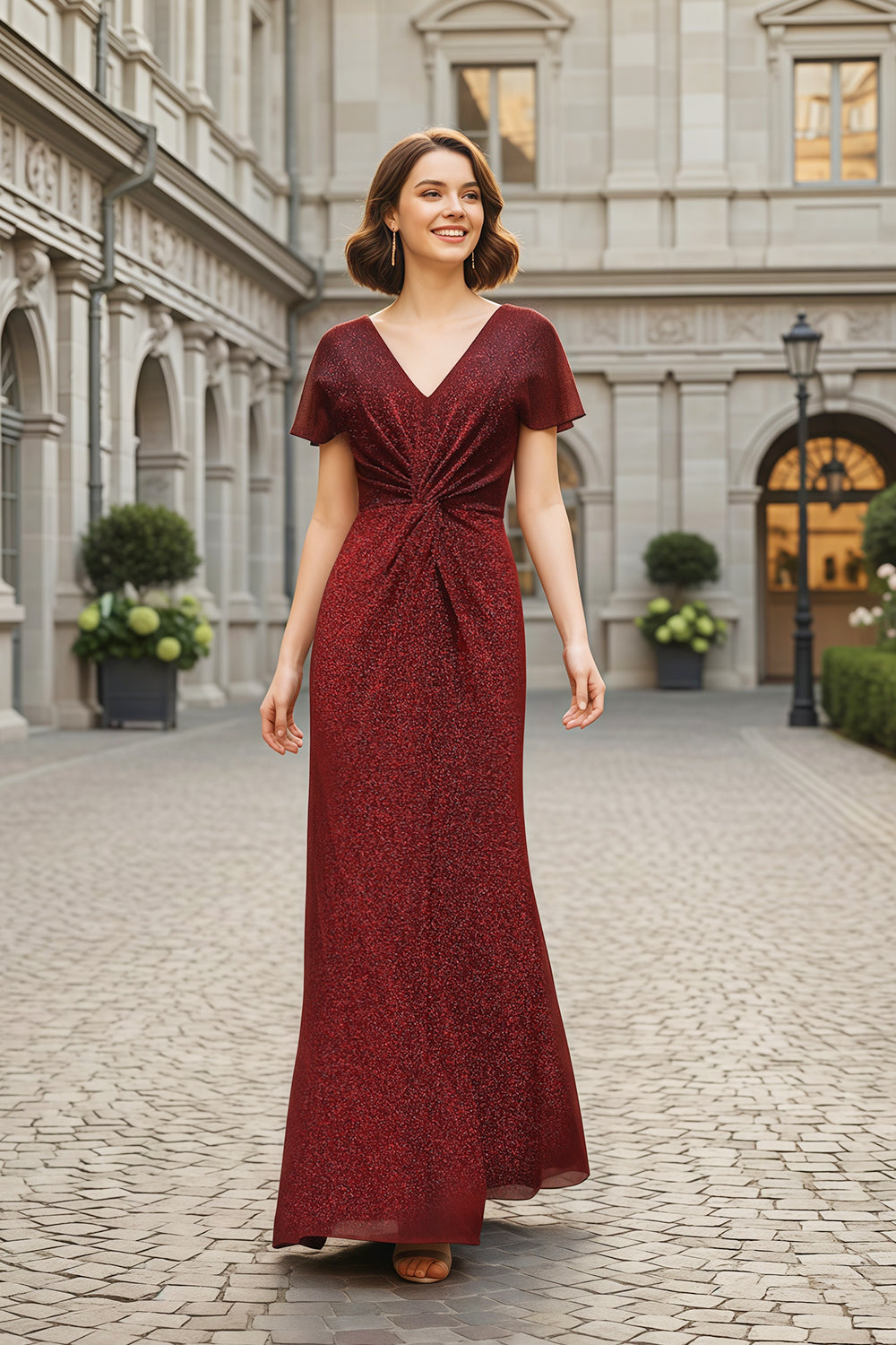 Sparkly Burgundy Glitter V-Neck Prom Dress SH238 Sheer Fairy