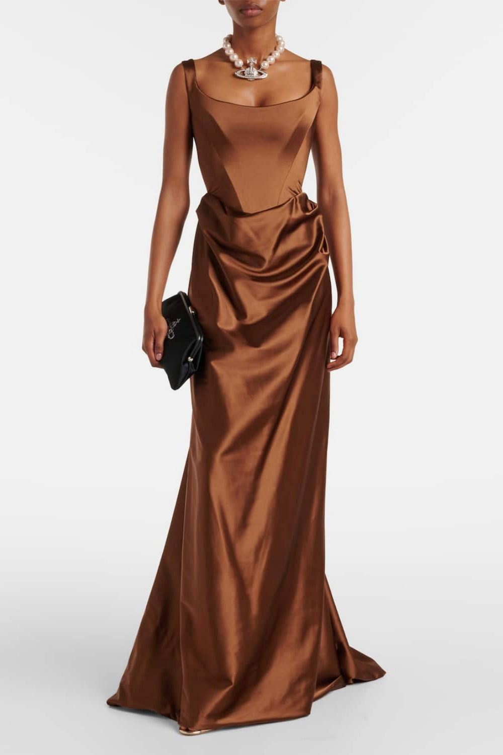 Brown Chocolate Satin Square Neck Column Evening Dress SF113 Sheer Fairy