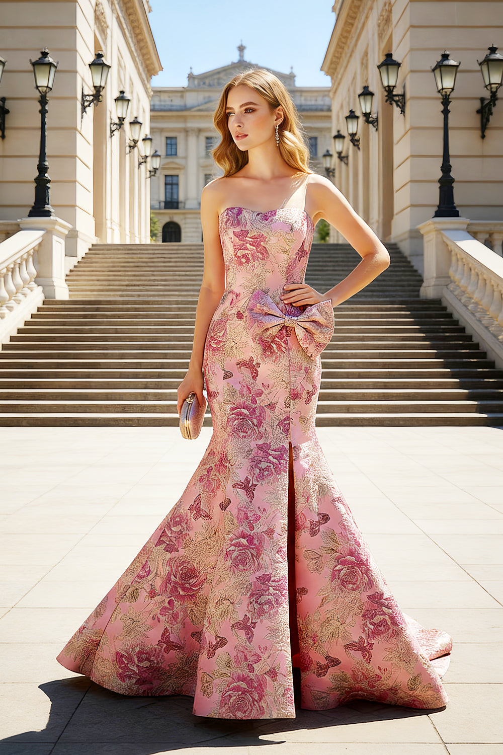 Pink Floral Strapless Sweetheart Gown Mermaid Prom Dress SH416 Sheer Fairy