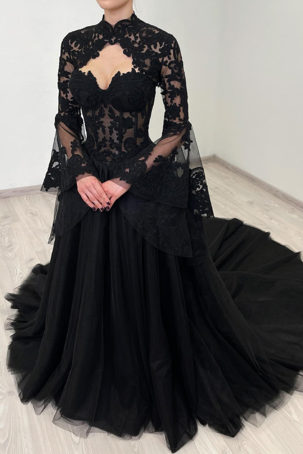 Black Gothic Lace A-Line Mandarin Collar Wedding Dress SW560 Sheer Fairy