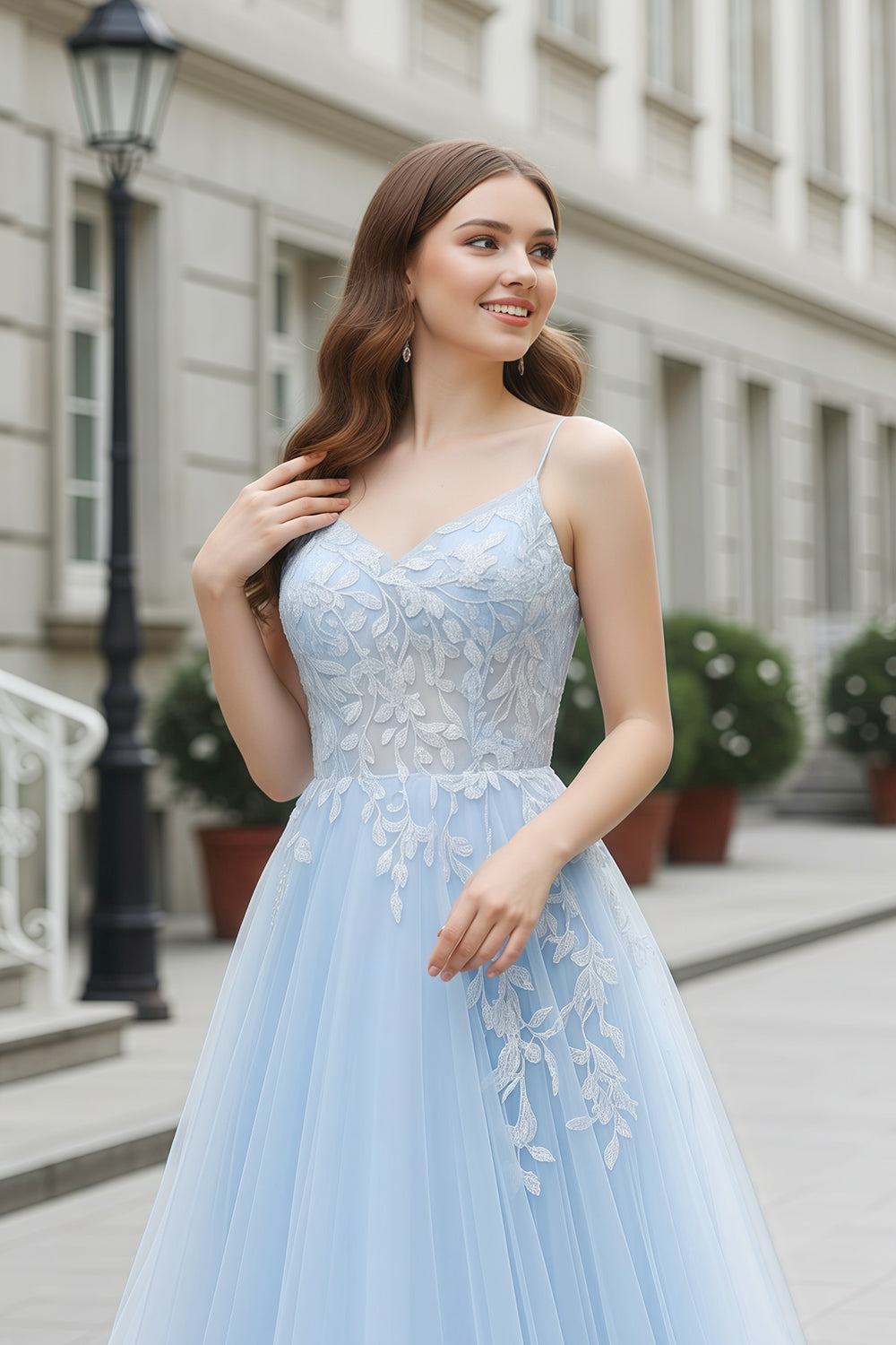 Light Blue Lace Beaded Sweetheart Ballgown Prom Dress SH286 Sheer Fairy