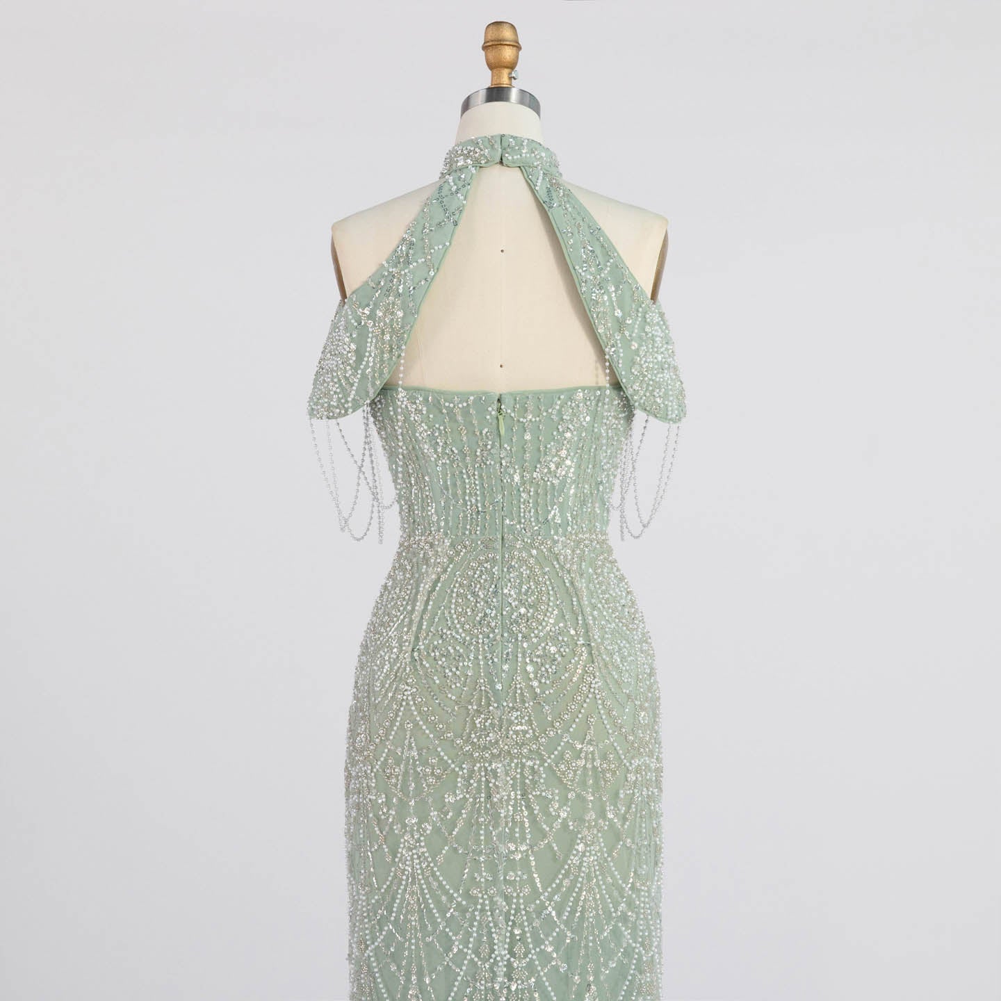 High Neck Cold Shoulder Beaded Sequin Evening Gown Tassel Fringe Formal Prom Dress ST005 Sheer Fairy