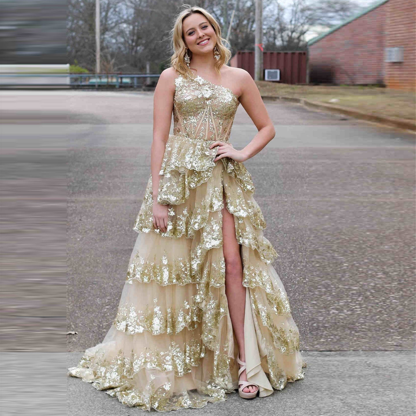 Ruffled Lace Sequin A-Line One-Shoulder Prom Dress SH156 - SHEER FAIRY