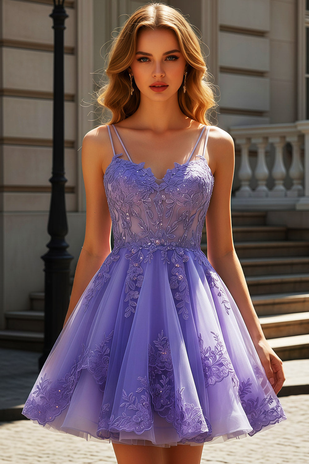 Lavender Lilac Lace Tulle Mini Ballgown Homecoming Dress RM128