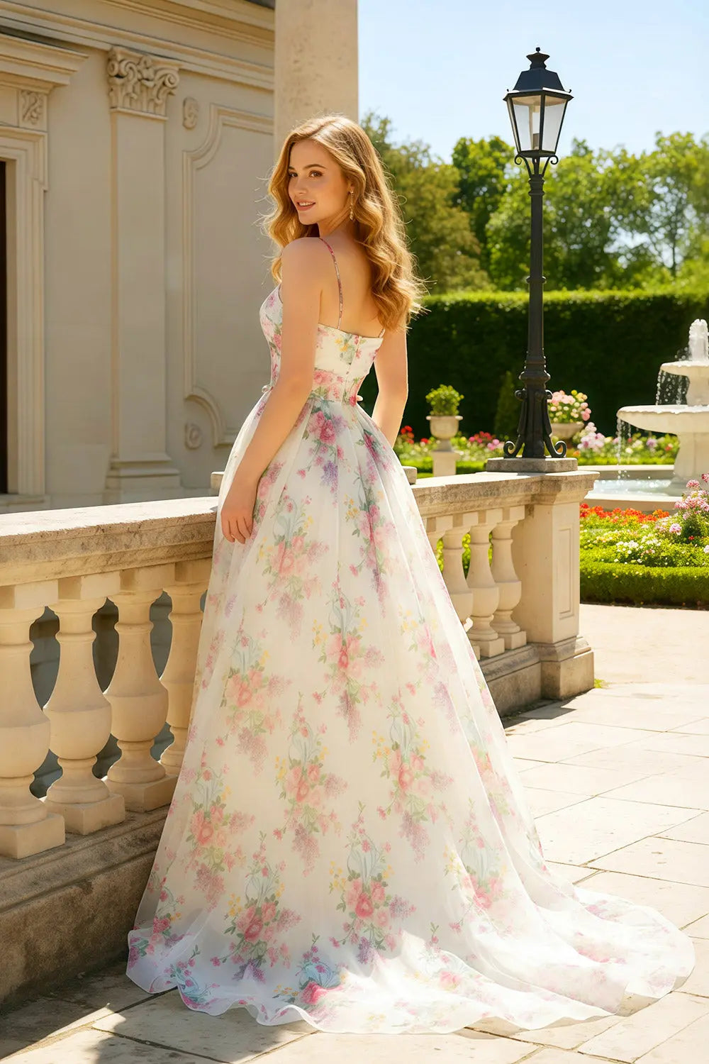 Floral Print Tulle A-Line Spaghetti Straps Beige Prom Dress SH470 Sheer Fairy