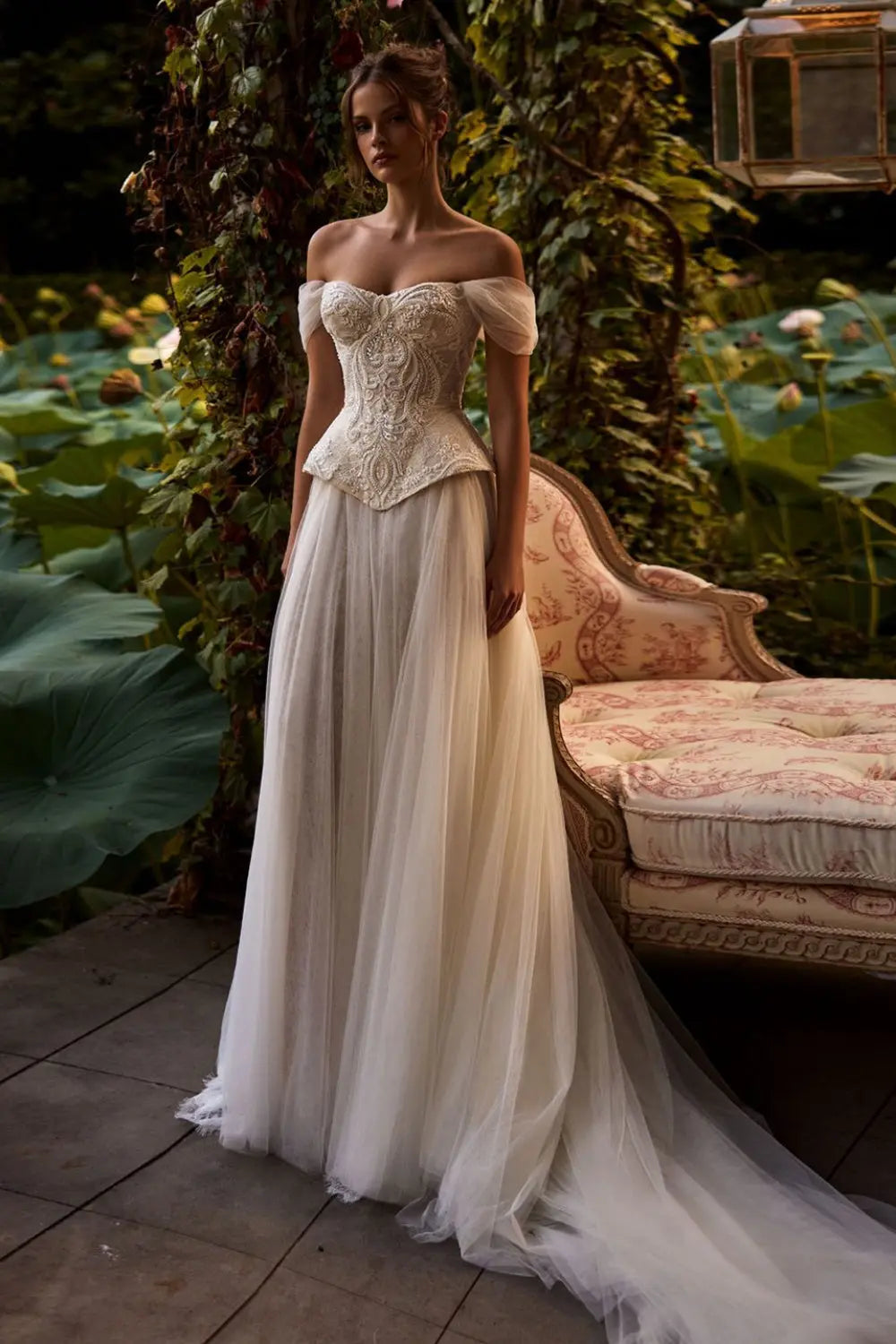 Ivory Lace Peplum Off-the-Shoulder Ball Gown Wedding Dress SW126 Sheer Fairy