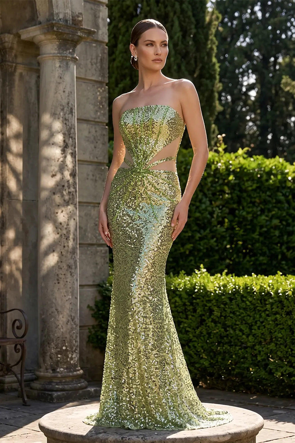 Green Strapless Cutout Sequin Formal Evening Dress ST060 Sheer Fairy