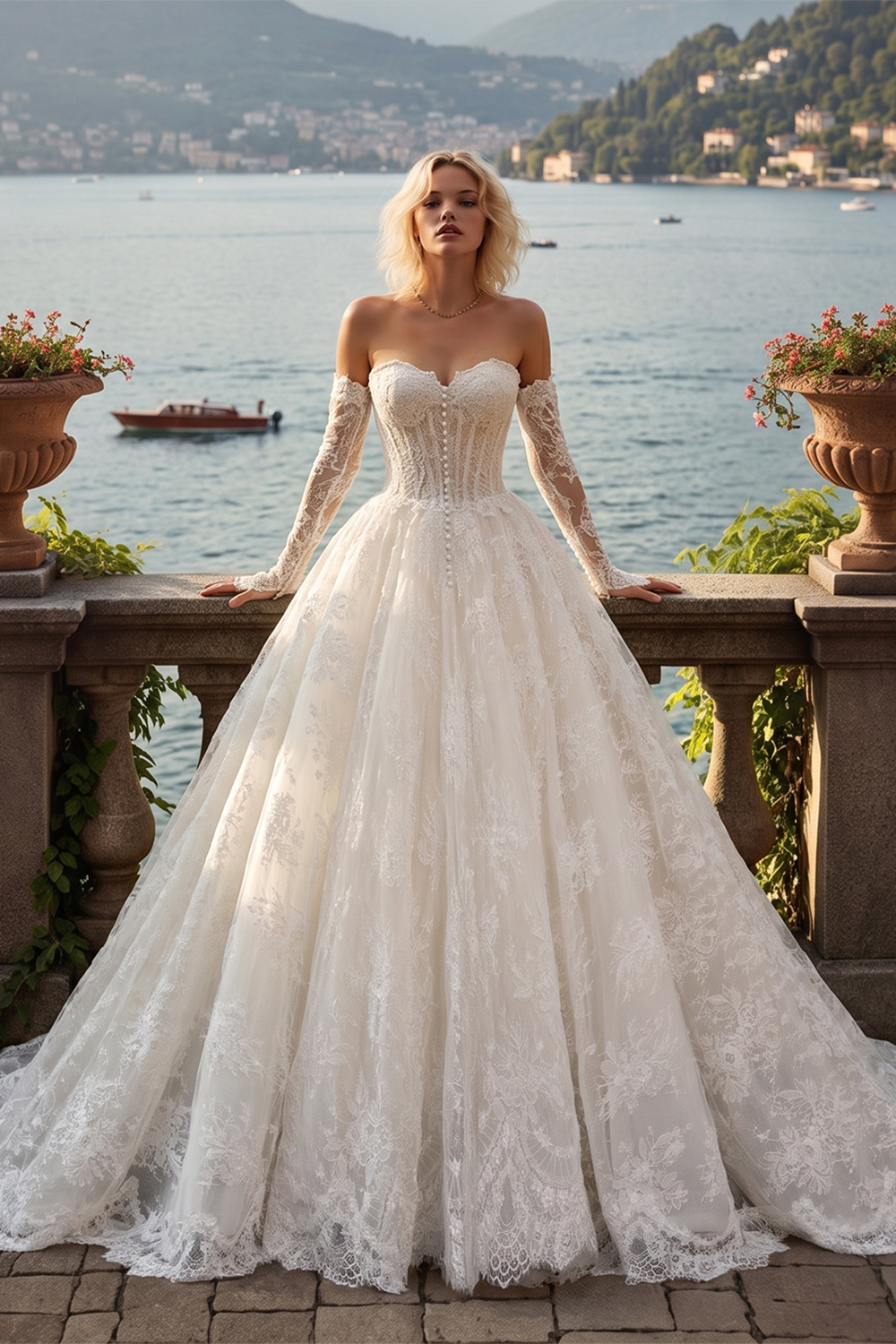 White Full Lace Ball Gown Bridal Dress Sweetheart Neckline with Matching Long Sleeves SW677 Sheer Fairy