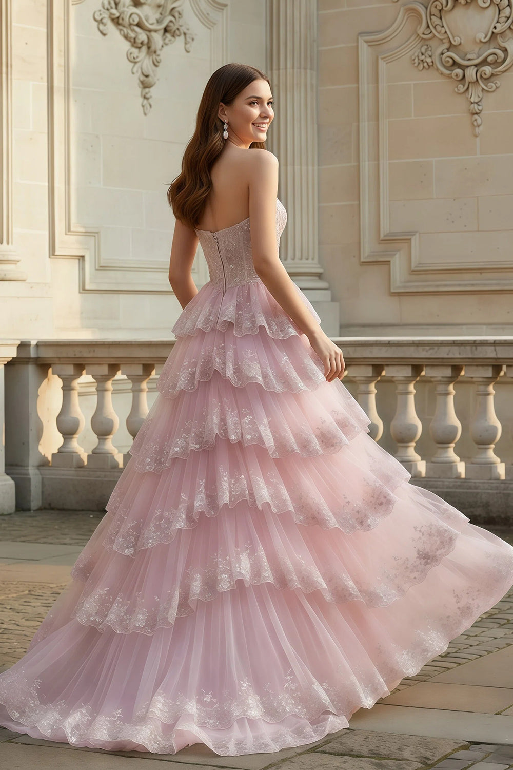 Strapless Ruffled Lace Sequin A-Line Prom Dress SH162 Sheer Fairy