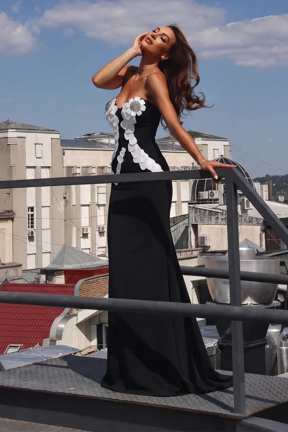 Black Strapless 3D Floral Applique Maxi Evening Dress ST033 Sheer Fairy