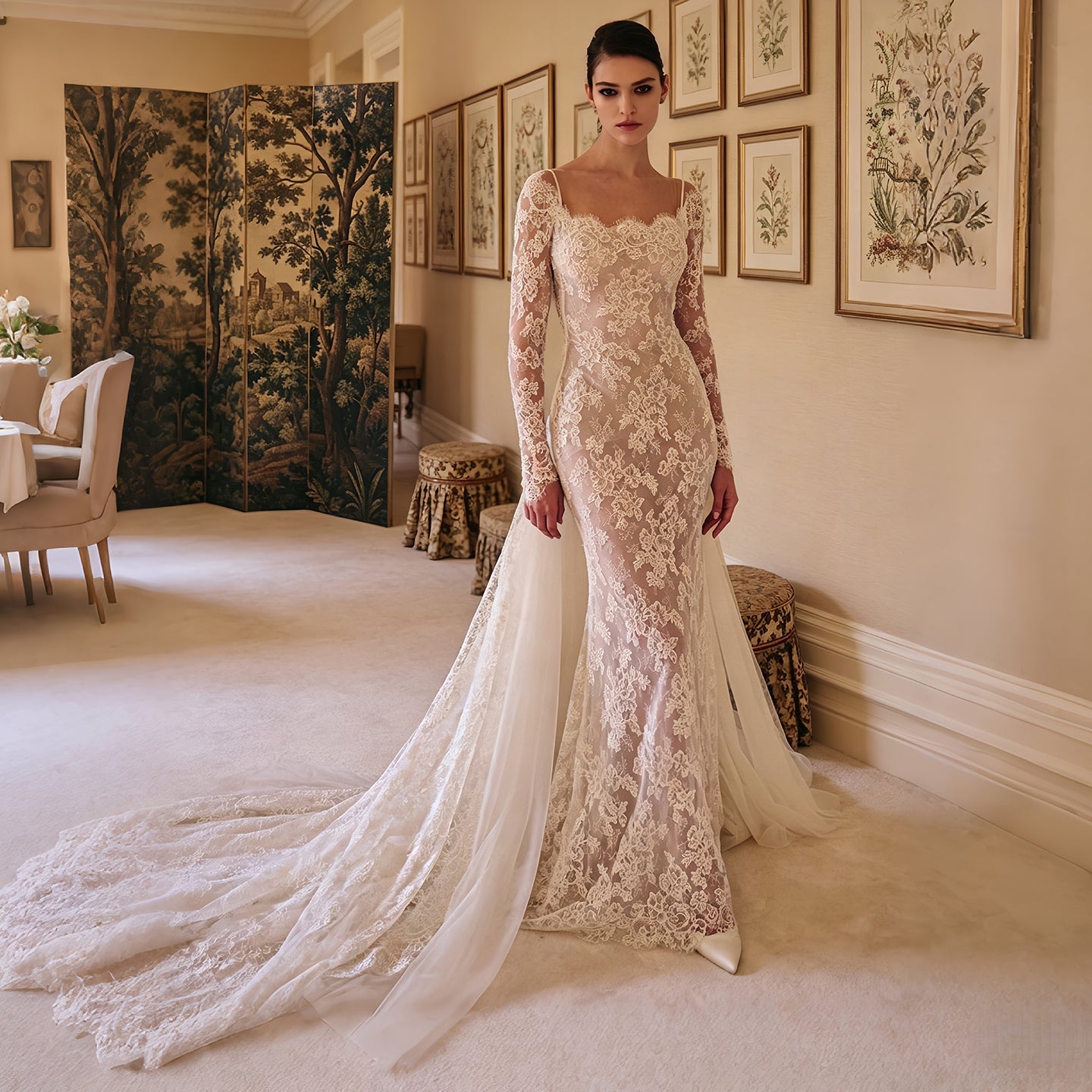 Square Neck Lace Mermaid Wedding Dress with Detachable Train SW228 Sheer Fairy