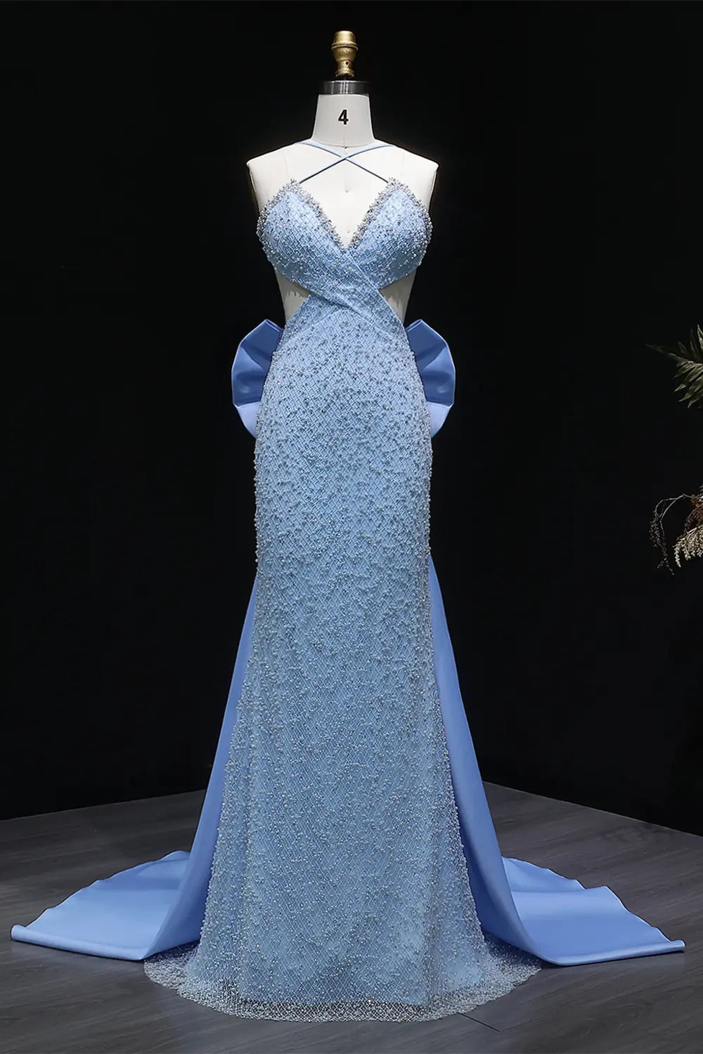 Blue Beaded Mermaid Prom Gown with Crisscross Straps and Train SH066 Sheer Fairy