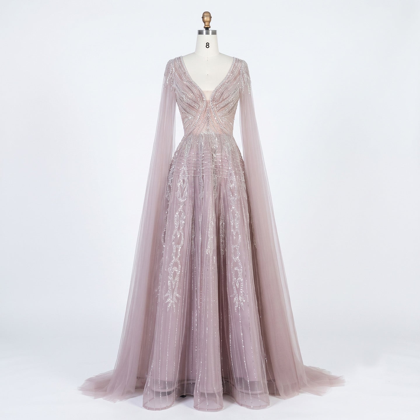Elegant V Neck Sequined Cape Sleeve A Line Evening Gown SS073 Sheer Fairy