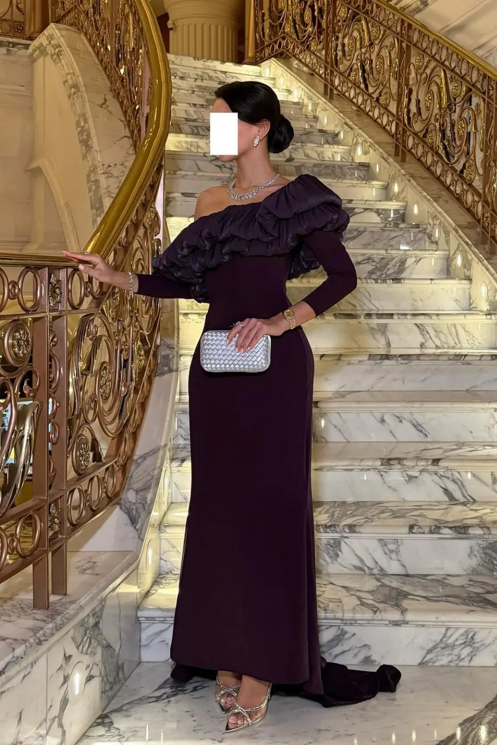 Purple Ruffled Satin One-Shoulder Sheath Evening Dress SF323 Sheer Fairy