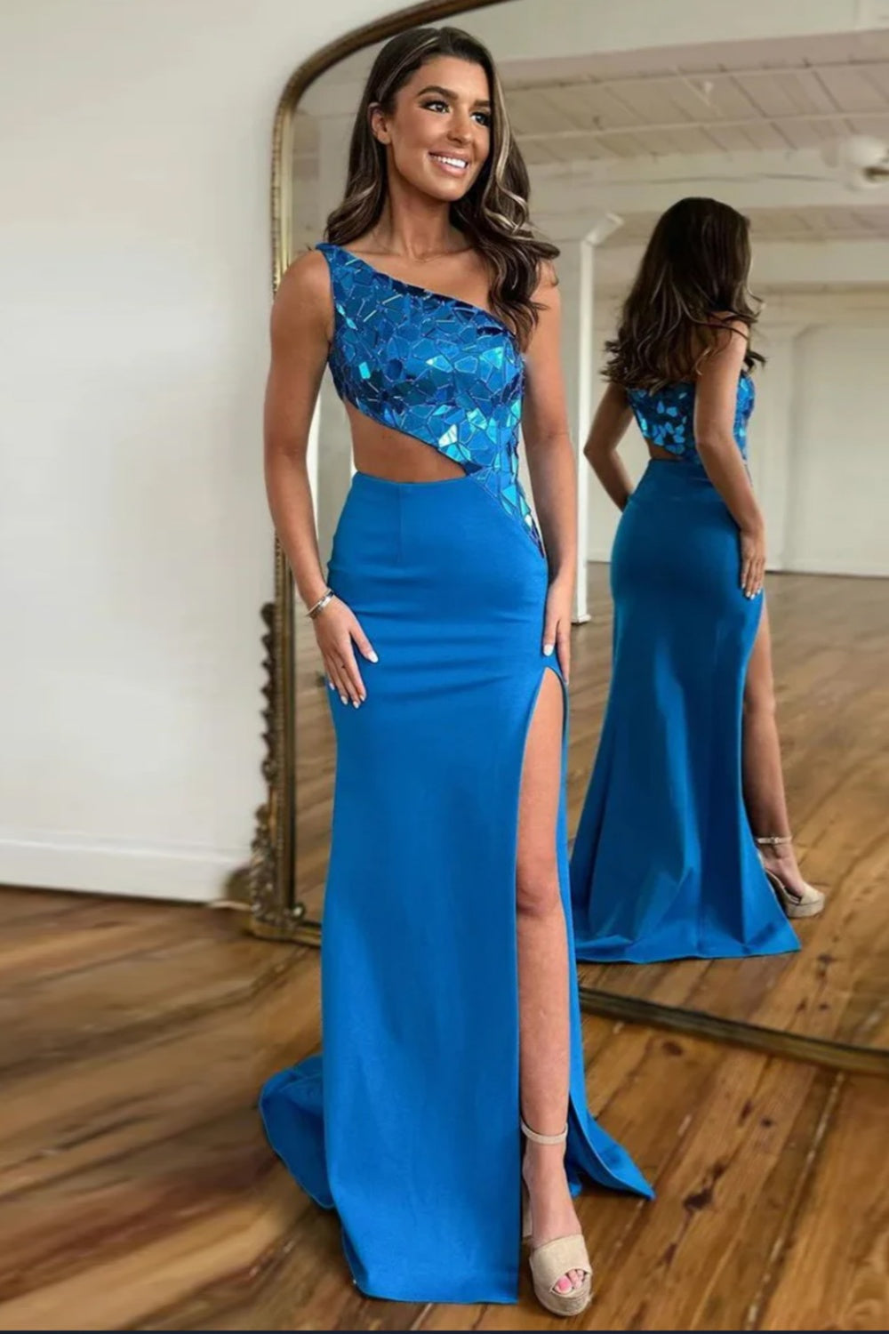 Crimson Sequined One-Shoulder Sheath Prom Dress SH304 Sheer Fairy