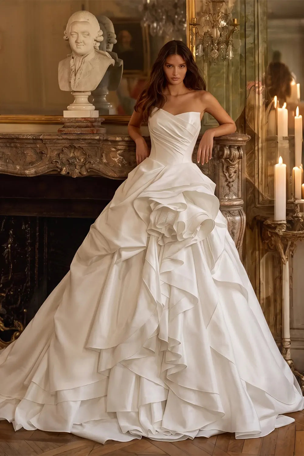 White Strapless Cascading Ruffle Satin Ball Gown Wedding Dress SW628 Sheer Fairy