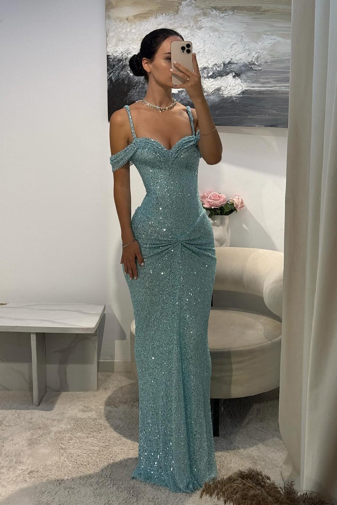 Light Blue Teal Sequin Mermaid Sleeveless Prom Dress SH553 Sheer Fairy