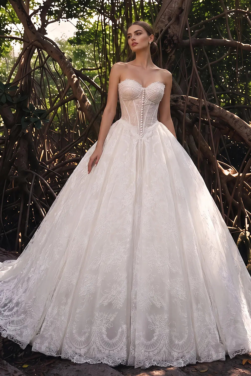 Off White Floral Lace Strapless Wedding Dress SW694 Sheer Fairy