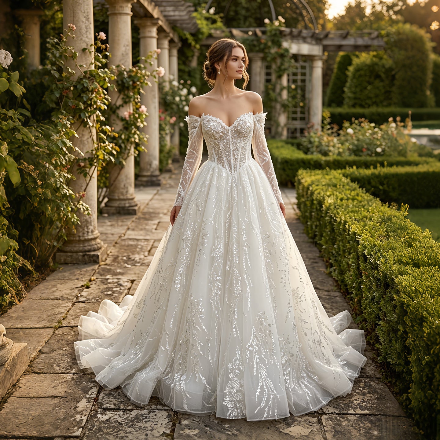 Elegant Off-Shoulder Sequin Lace Wedding Dress with Voluminous Tulle Skirt SW702 Sheer Fairy