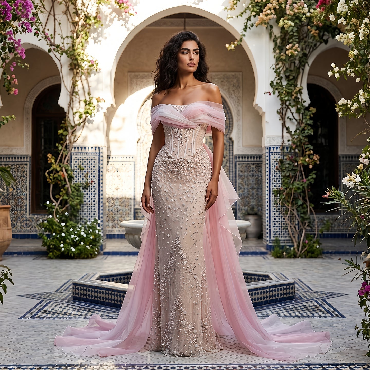 Blush Pink Off-the-Shoulder 3D Floral Beaded Mermaid Evening Gown with Tulle Overlay SS519 Sheer Fairy