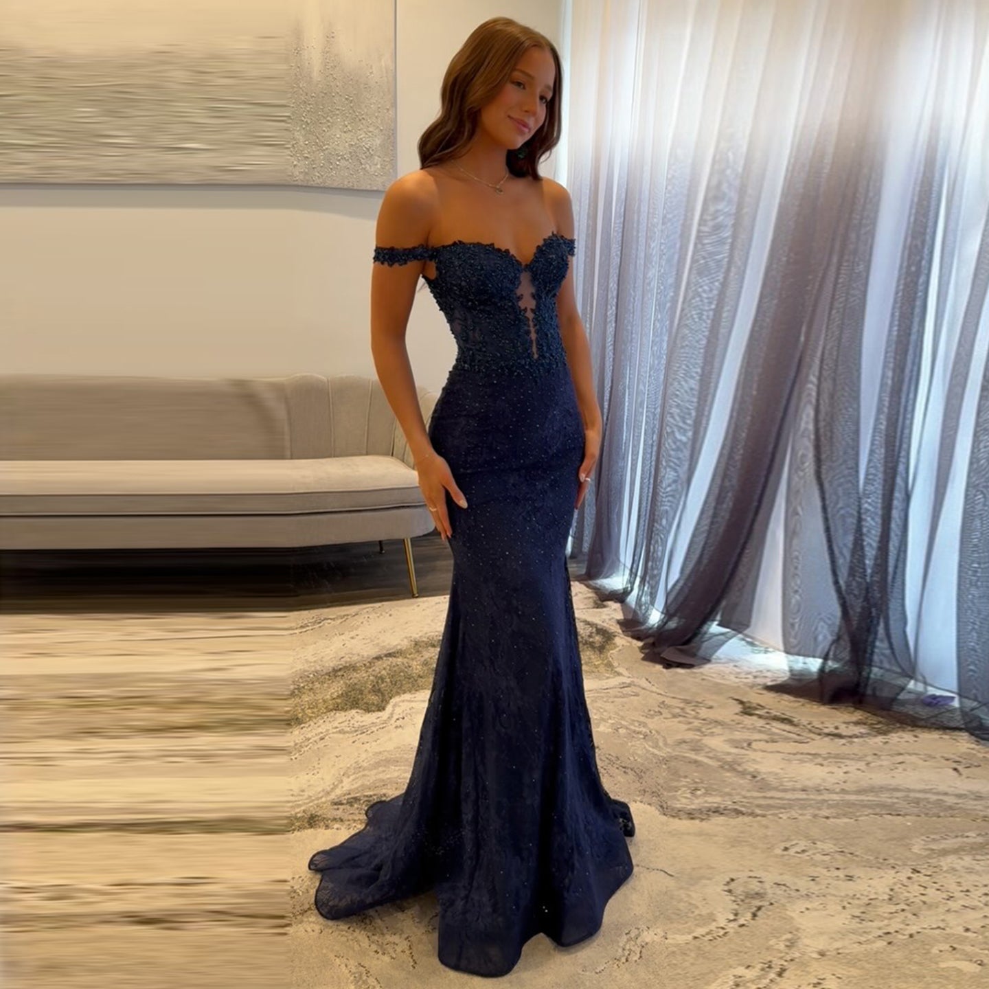 Navy Blue Off-Shoulder Lace Mermaid Prom Dress SH163