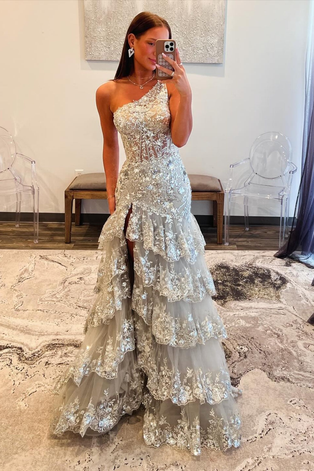 Luxury Silver One-Shoulder Ruffled Lace Evening Dress SH152 Sheer Fairy