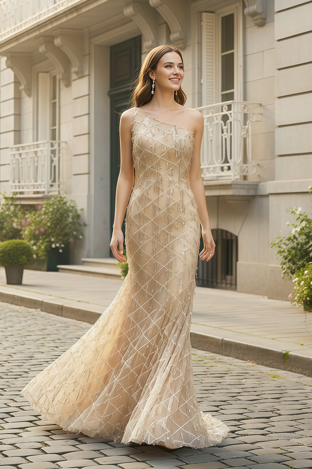 Champagne Sequin Grid One-Shoulder Mermaid Prom Dress SH274 Sheer Fairy