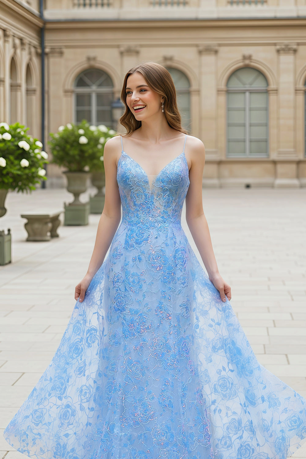 Luxury Floral Embroidery Blue Backless A-line Prom Dress SH220 Sheer Fairy