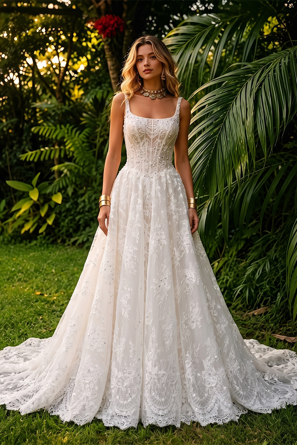 White Lace A Line Wedding Dress Square Neckline with Beaded Corset and Chapel Train SW612 Sheer Fairy
