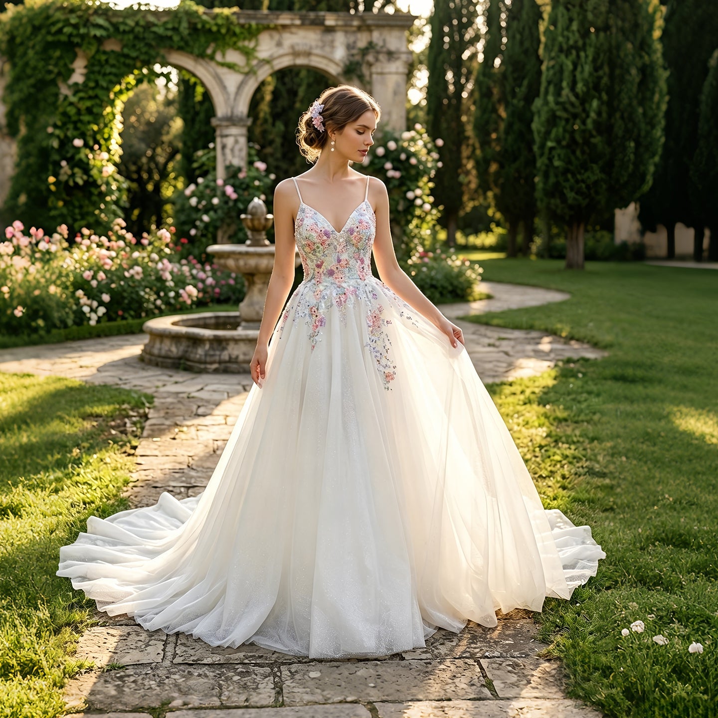 Spaghetti Strap Floral Embroidered Ball Gown Wedding Dress with Glitter Tulle SW704 Sheer Fairy
