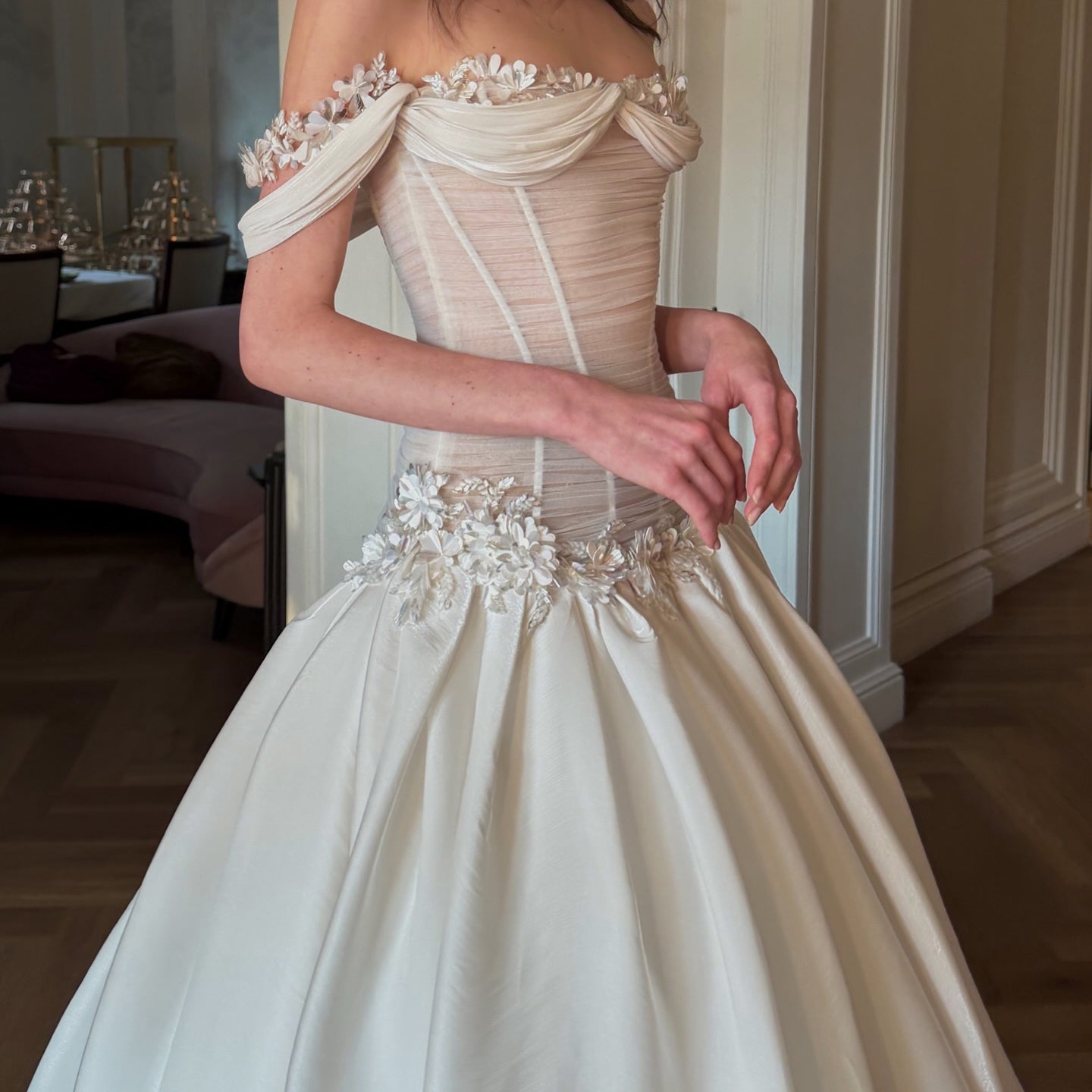 Off-the-Shoulder Corset Ball Gown Wedding Dress with Floral SW229 Sheer Fairy