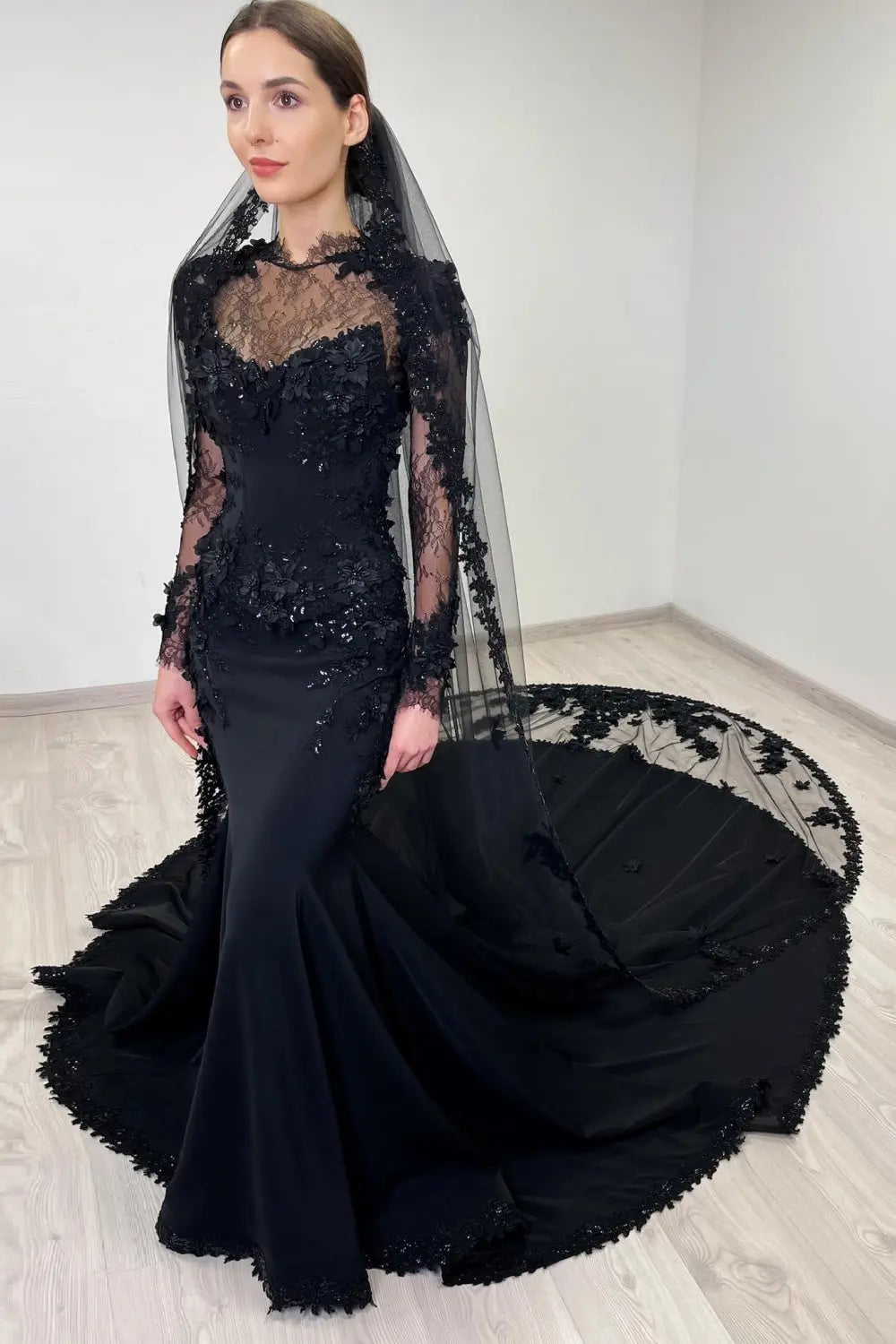 Black Gothic Lace Mermaid Wedding Dress with Long Sleeves SW552 SHEER FAIRY Black Gothic Lace Mermaid Wedding Dress with Long Sleeves SW552 SHEER FAIRY
